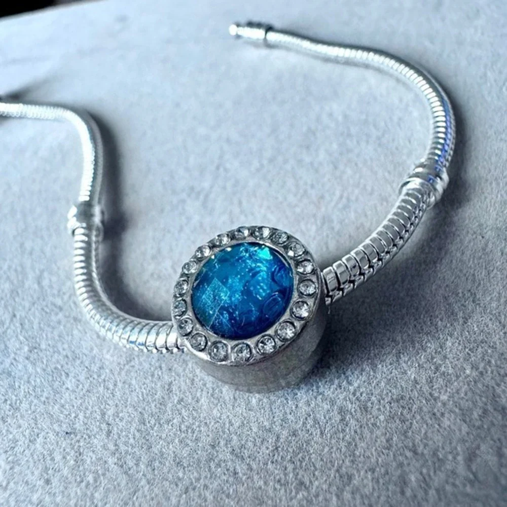 Turquoise Blue Crystal Halo Silver Tone Slide Charm fits PANDORA